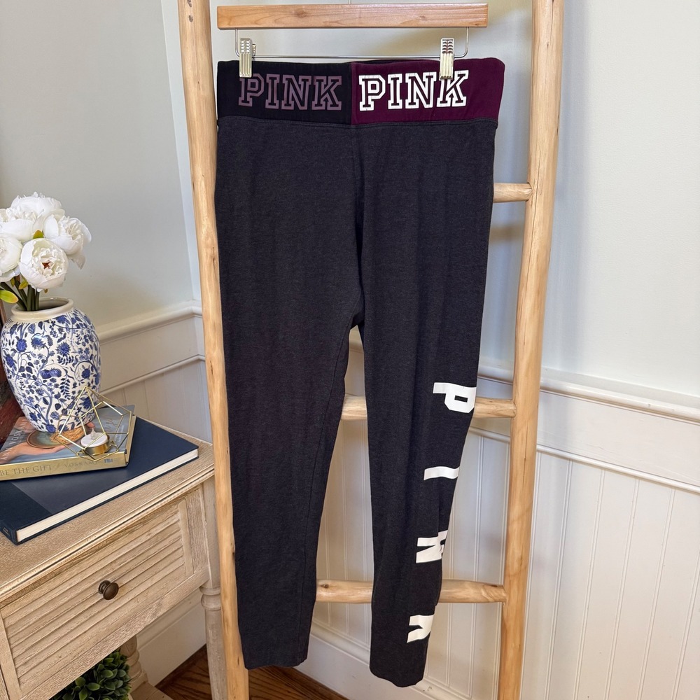 PINK Victoria's Secret Black Leggings with Maroon Waistband and White Logo